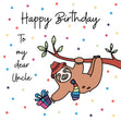 Happy Birthday Uncle Sloth With A Gift Hanging On A Tree Confetti-exploding Greetings Card