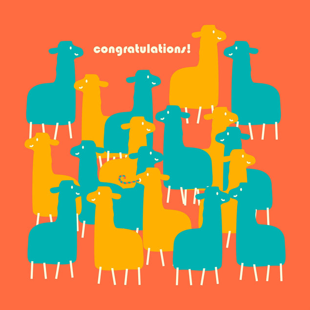 Blue And Yellow Llamas On An Orange Background Congratulations Confetti-exploding Greetings Card