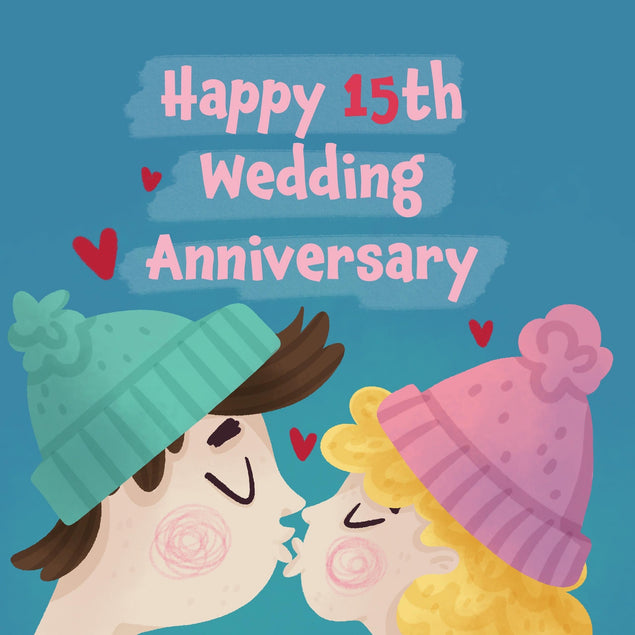 Happy 15th Wedding Anniversary Kissing Couple Confetti-exploding Greetings Card