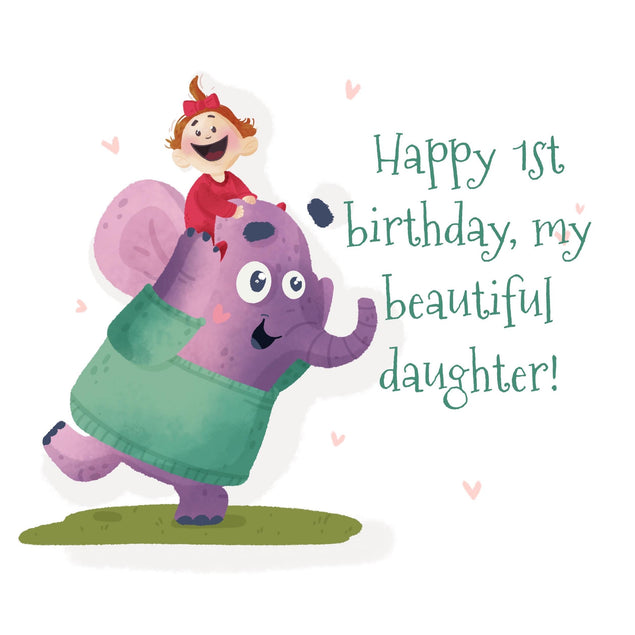Happy 1st Birthday Elephant With Girl Confetti-exploding Greetings Card