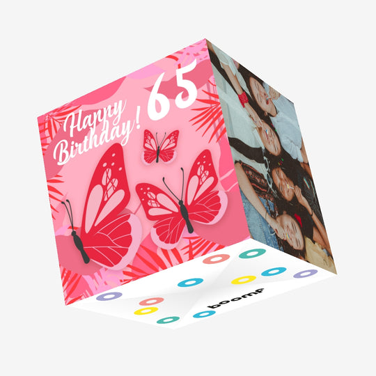 Tropical Pink Butterfly 65th Birthday Confetti-exploding Greetings Card