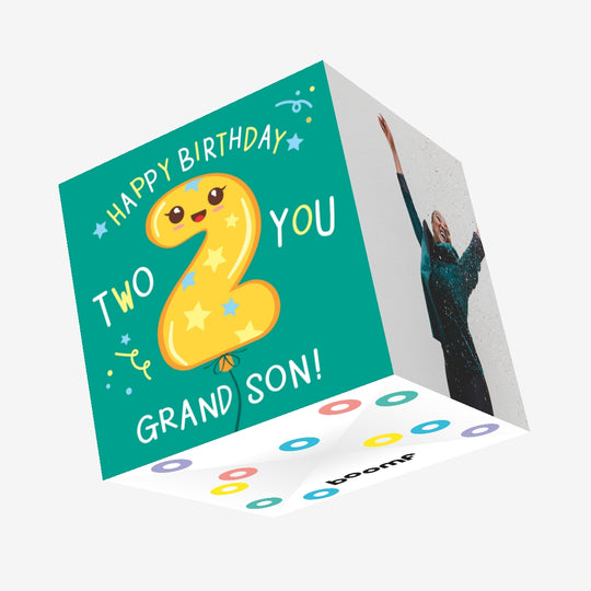 Green Background Happy 2nd Birthday Grandson Confetti-exploding Greetings Card