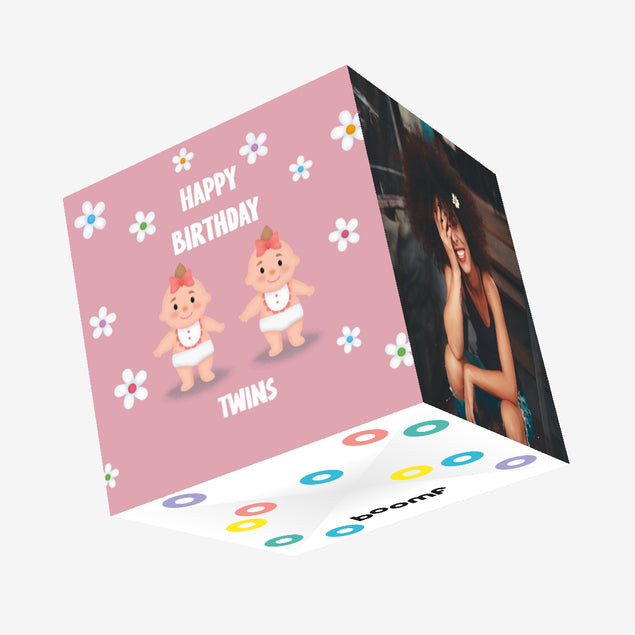 Flowers And Babies In Pink Happy Birthday Twins Confetti-exploding Greetings Card