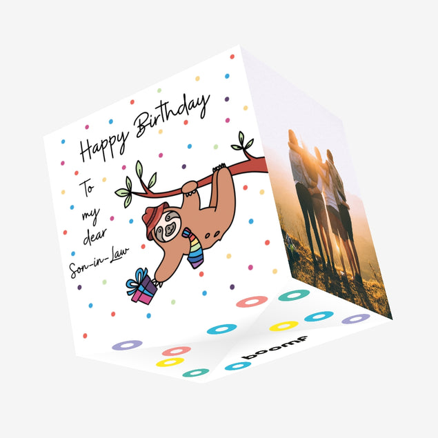 Happy Birthday Son-in-law Sloth With A Gift Hanging On A Tree Confetti-exploding Greetings Card