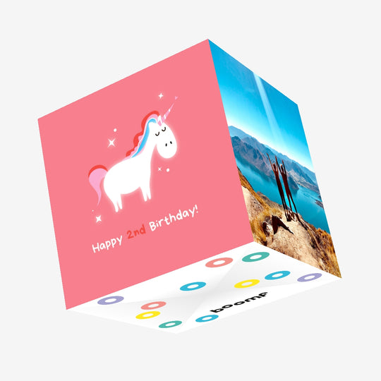 Cute Unicorn In Pink Happy 2nd Birthday Confetti-exploding Greetings Card