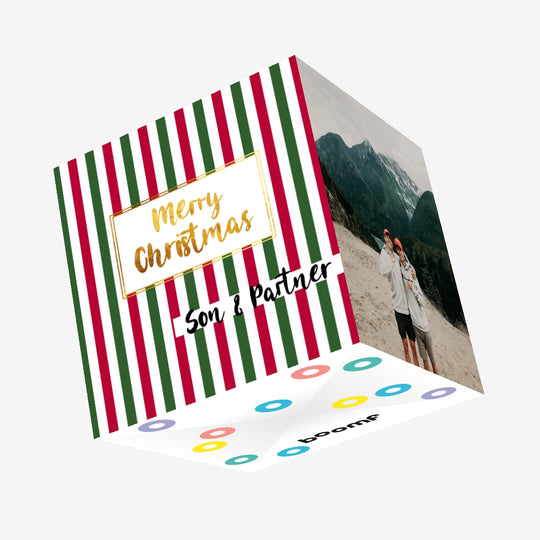Merry Christmas Son And Partner Green And Red Stripes Confetti-exploding Greetings Card