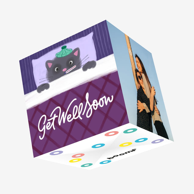 Get Well Soon Cute Cat Lying In Bed Confetti-exploding Greetings Card