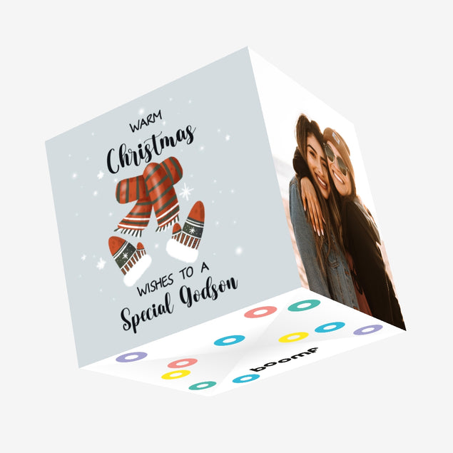 Warm Christmas Special Godson Scarf And Mittens Confetti-exploding Greetings Card