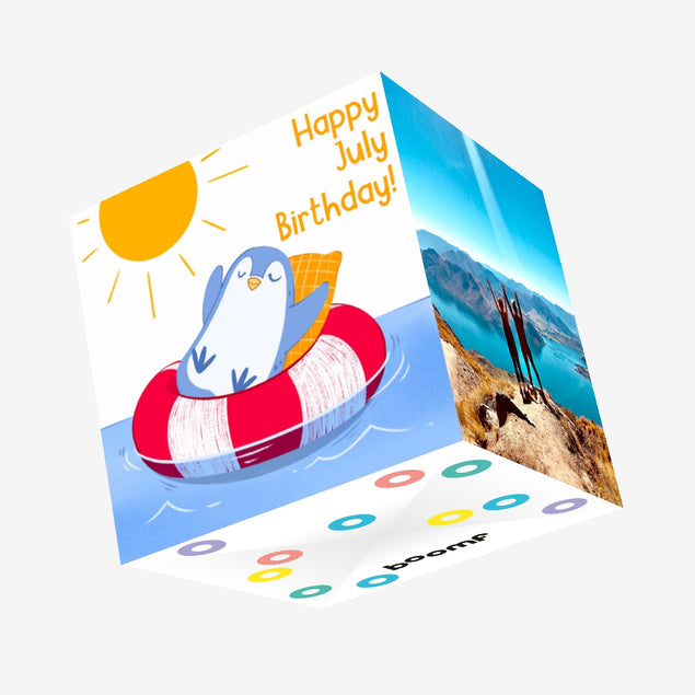 Little Penguin Happy July Birthday Confetti-exploding Greetings Card