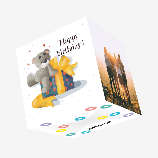 Teddy Bear With Gift Happy Birthday Confetti-exploding Greetings Card