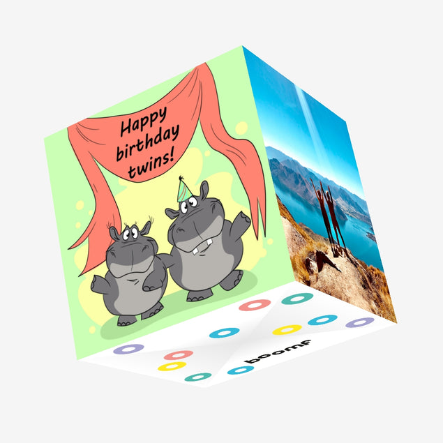 Happy Birthday Twins Cute Hippos Confetti-exploding Greetings Card