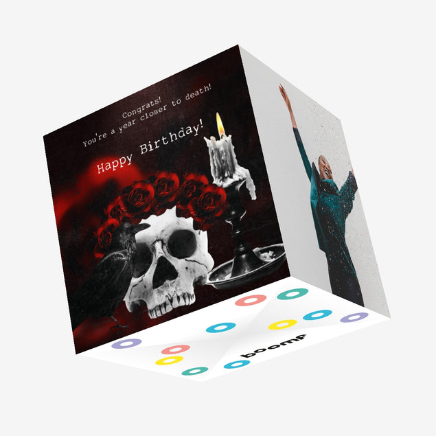 Happy Birthday Spooky Skull A Crow And A Candle Confetti-exploding Greetings Card