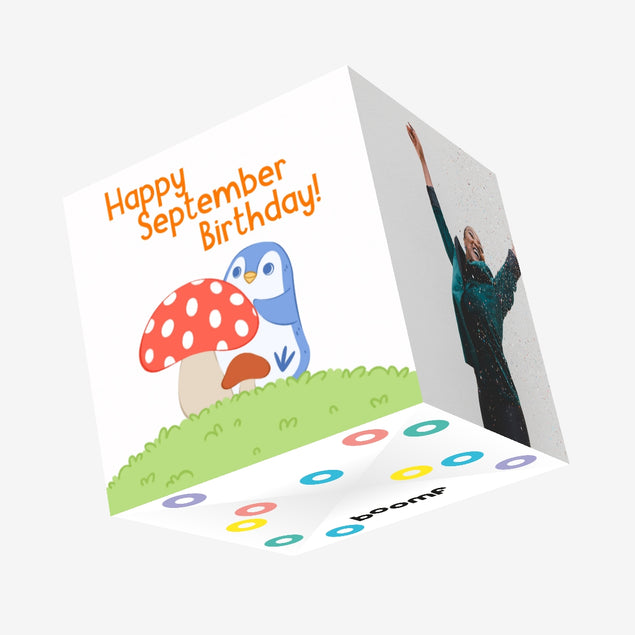 Little Penguin Happy September Birthday Confetti-exploding Greetings Card
