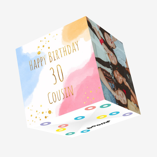 Golden Abstract Cousin 30th Birthday Confetti-exploding Greetings Card