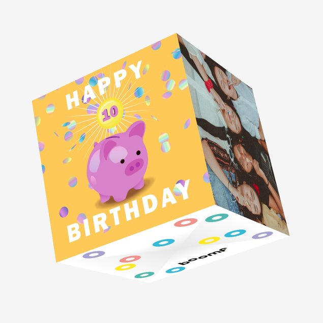 Happy 10th Birthday Piggybank Confetti-exploding Greetings Card