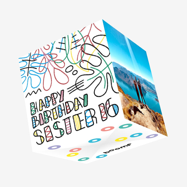 Happy 16th Birthday Sister Crayon Tropical Leaves Confetti-exploding Greetings Card