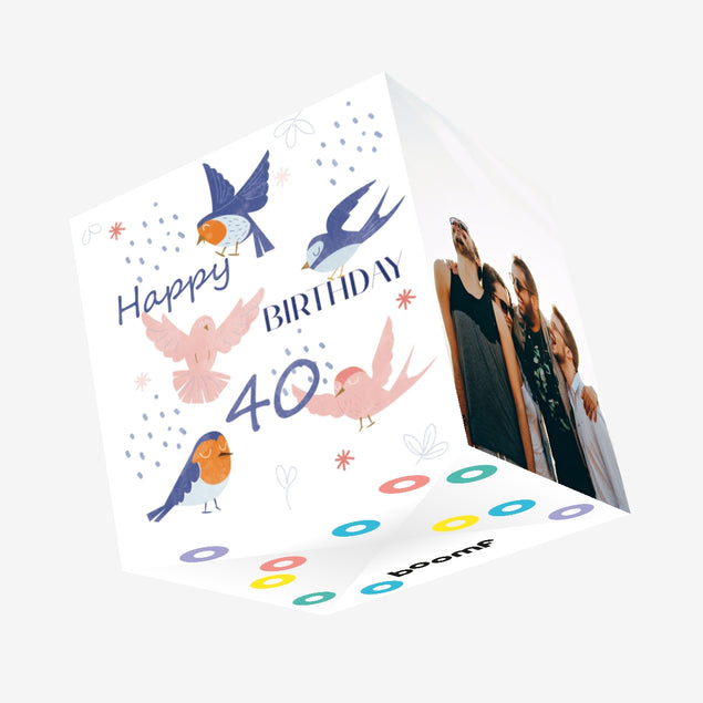 Smiling Birds Happy 40th Birthday Confetti-exploding Greetings Card