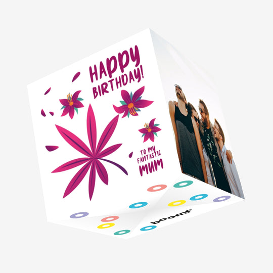 Happy Birthday Fantastic Mum Simple Purple Tropical Plant And Flowers Confetti-exploding Greetings Card