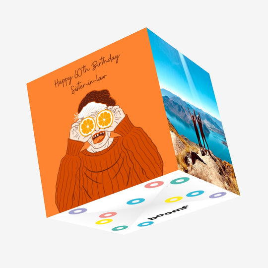 Happy 60th Birthday Sister-in-law Woman Holding Oranges Confetti-exploding Greetings Card