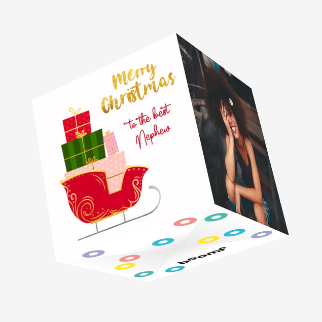 Merry Christmas Nephew Sleigh With Gifts Confetti-exploding Greetings Card