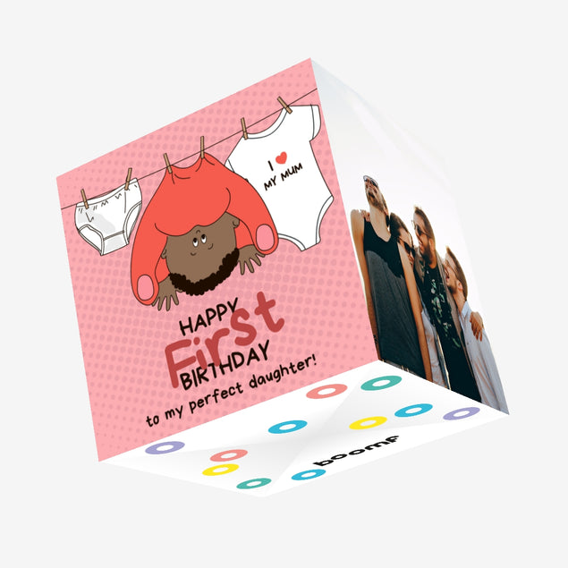 Hanging Baby In Pink Happy 1st Birthday Daughter Confetti-exploding Greetings Card