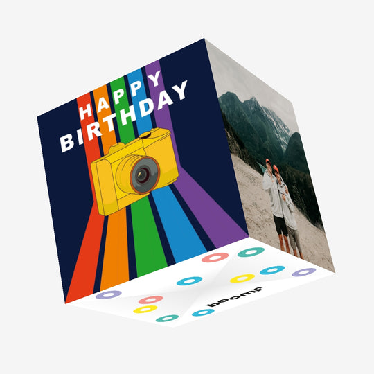 Happy Birthday Camera And Rainbow Confetti-exploding Greetings Card