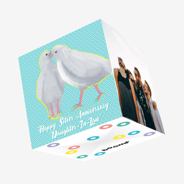 Happy Silver Anniversary Daughter-in-law Pigeon Couple Confetti-exploding Greetings Card