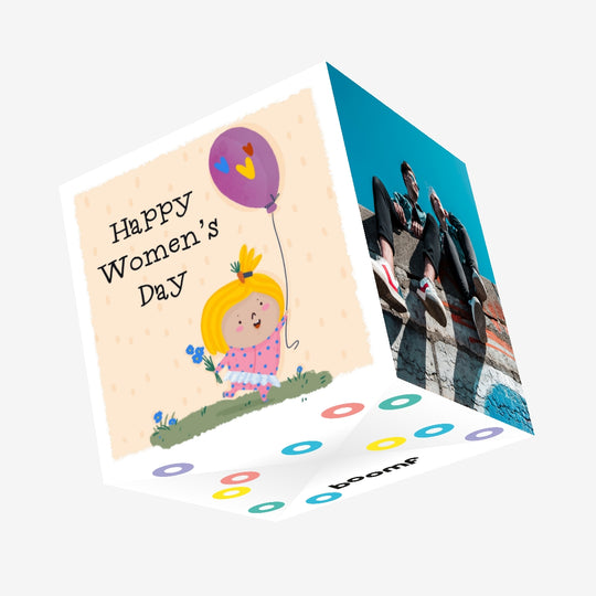 Girl With Balloon Happy Women's Day Confetti-exploding Greetings Card