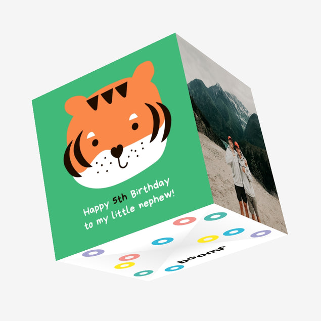Cute Little Tiger Happy 5th Birthday Nephew Confetti-exploding Greetings Card