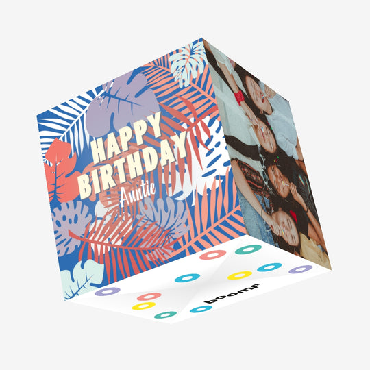 Happy Birthday Auntie Blue And Orange Tropical Leaves Confetti-exploding Greetings Card