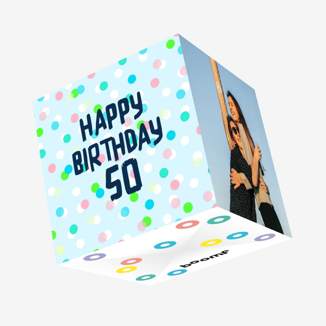 Happy 50th Birthday Colourful Dots Blue Confetti-exploding Greetings Card