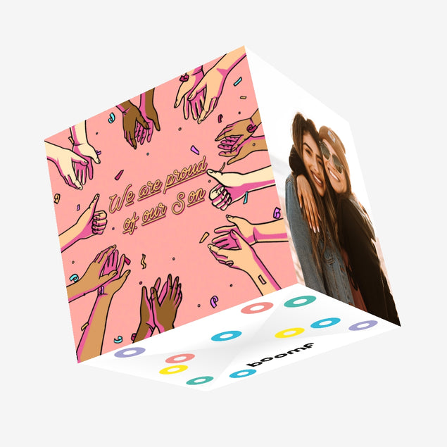 We Are Proud Of Our Son In Pink Confetti-exploding Greetings Card