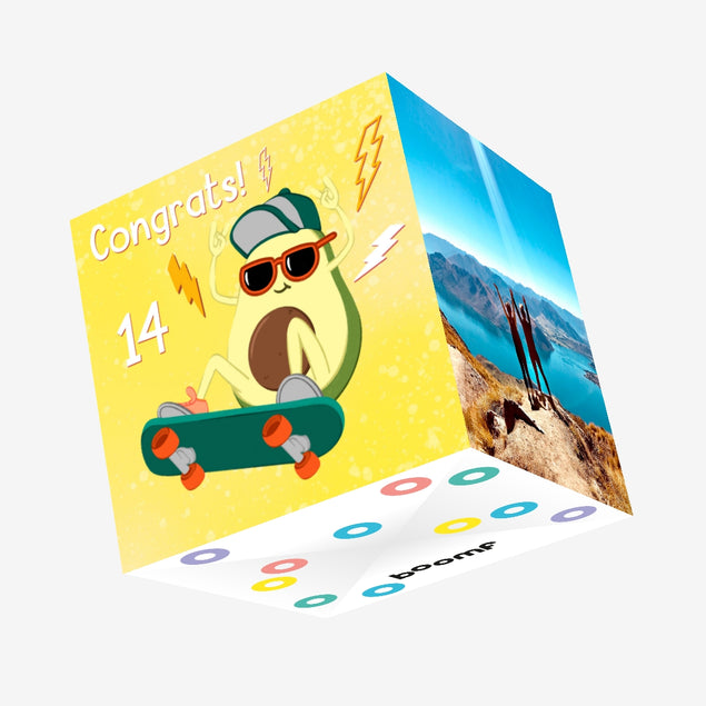 Cool Avocado Skater Happy 14th Birthday Confetti-exploding Greetings Card