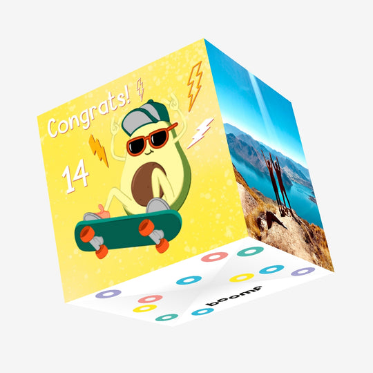 Cool Avocado Skater Happy 14th Birthday Confetti-exploding Greetings Card