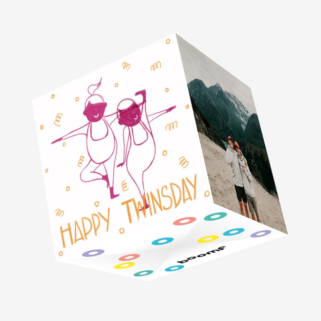 Happy Twinsday Acrobats In Red Confetti-exploding Greetings Card