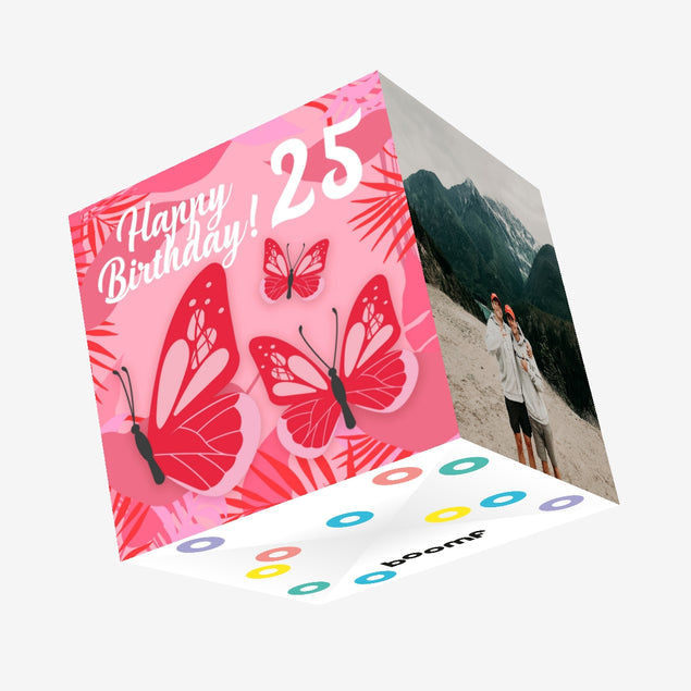Tropical Pink Butterfly 25th Birthday Confetti-exploding Greetings Card