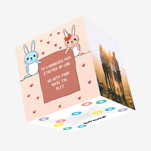 To A Wonderful Mum And Mother-in-law Cute Bunnies Mother's Day Confetti-exploding Greetings Card