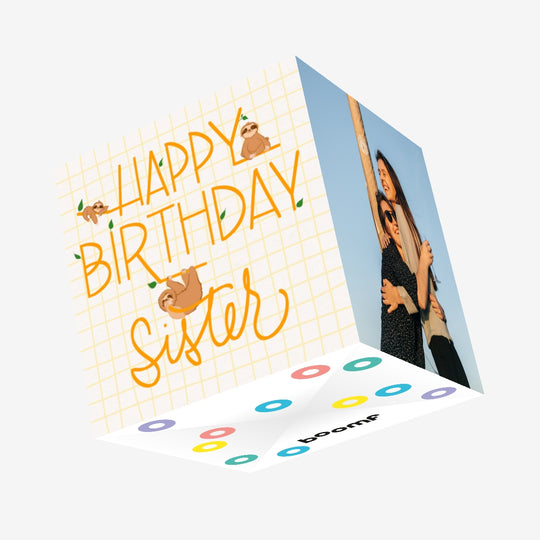 Happy Birthday Sister Sloths Hanging On Letters Confetti-exploding Greetings Card