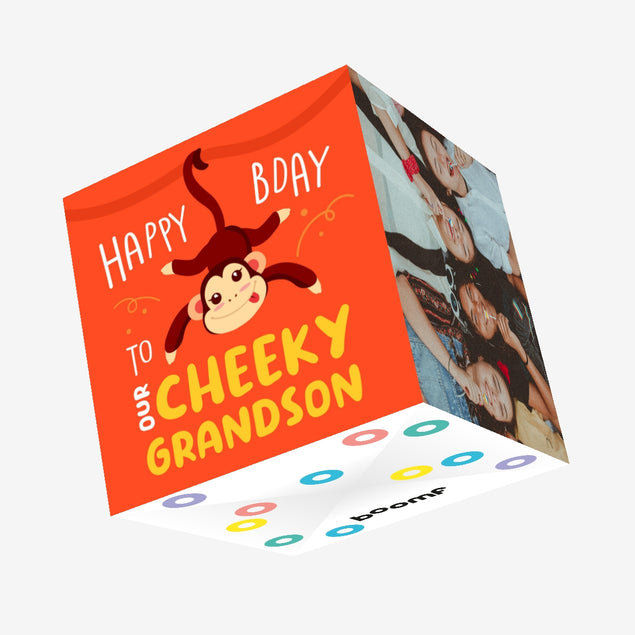Happy Birthday To Our Cheeky Grandson Cute Monkey Confetti-exploding Greetings Card
