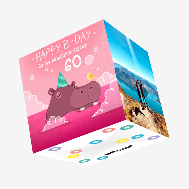 Festive Hippo Happy 60th Birthday My Beautiful Sister Confetti-exploding Greetings Card