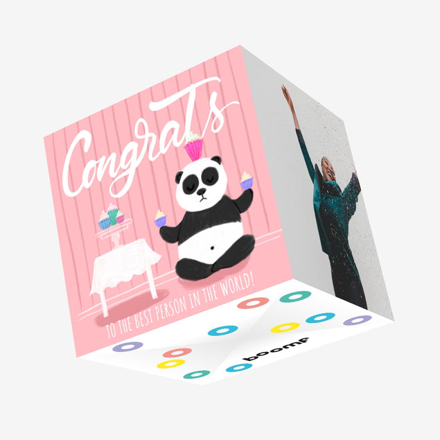Pink Background Panda With Cupcakes Congrats Best Person Confetti-exploding Greetings Card