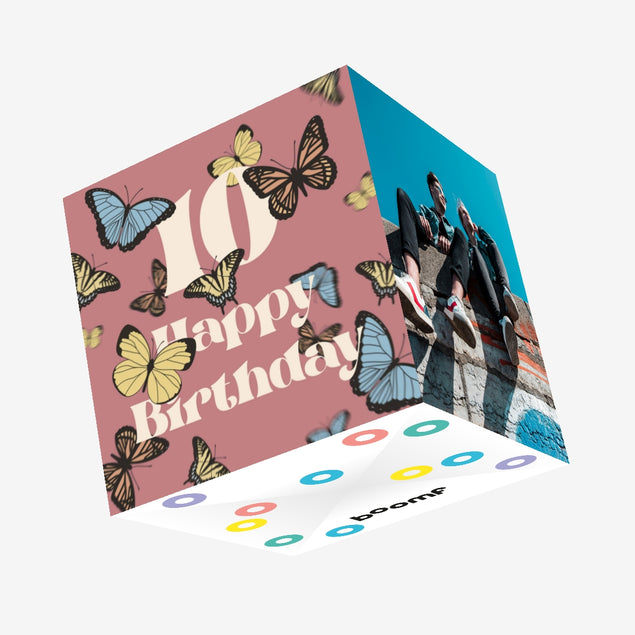 Blue And Yellow Butterflies On A Pink Background Happy 10th Birthday Confetti-exploding Greetings Card