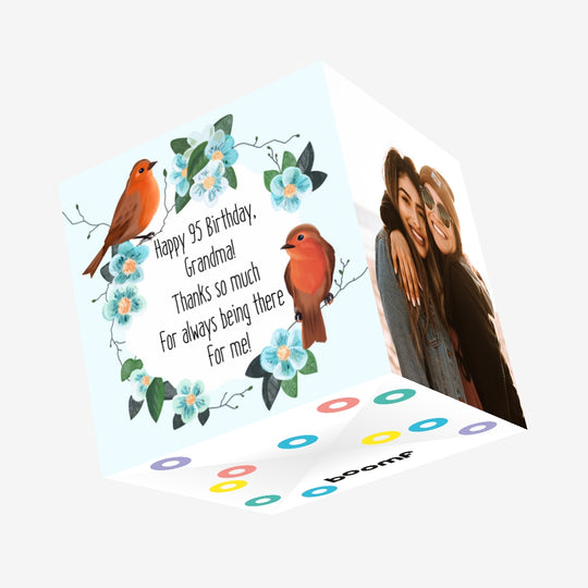 Happy Birthday 95th Grandma Red Birds And Blue Flowers Confetti-exploding Greetings Card