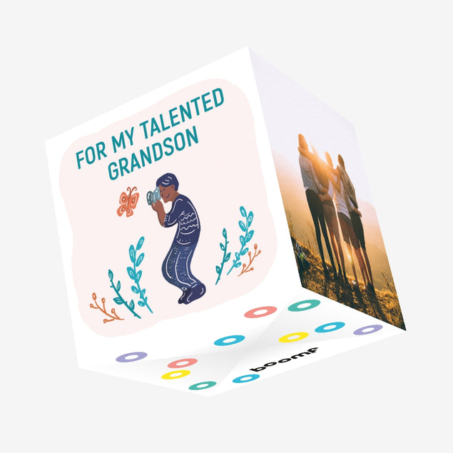 For My Talented Grandson Cartoon Confetti-exploding Greetings Card