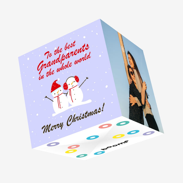 Merry Christmas The Best Grandparents In The Whole World Hugging Snowmen Confetti-exploding Greetings Card