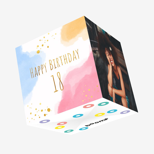 Golden Letters Cute Watercolor Clouds Happy 18th Birthday Confetti-exploding Greetings Card