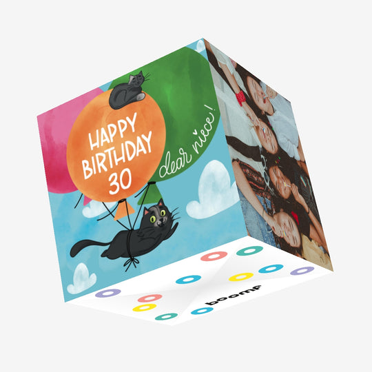 Flying Black Cat Happy 30th Birthday Niece Confetti-exploding Greetings Card