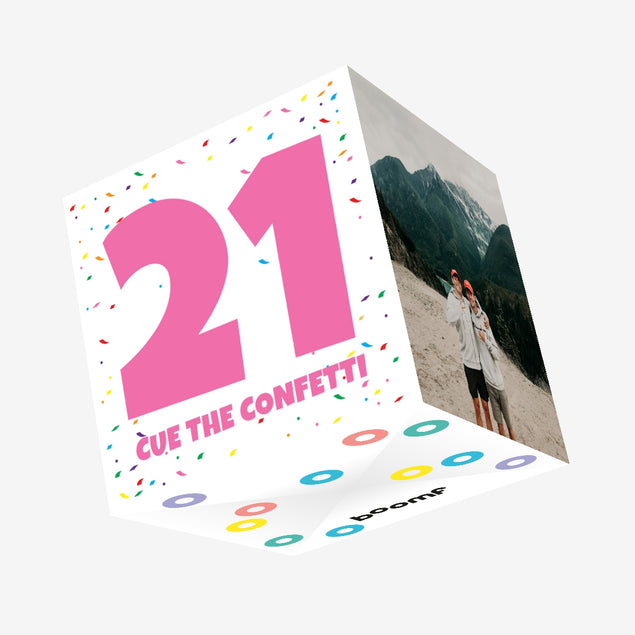 Happy 21st Birthday Cue The Confetti Pink Confetti-exploding Greetings Card