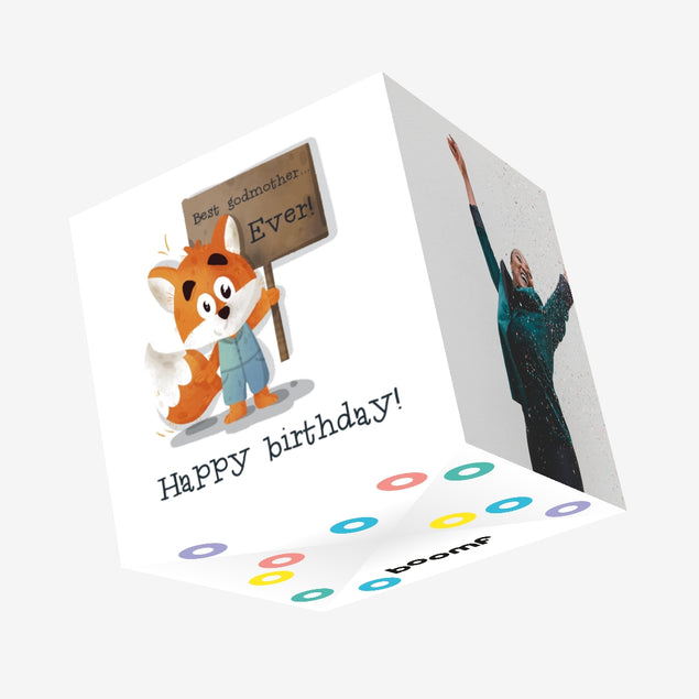 Cute Little Fox Happy Birthday Godmother Confetti-exploding Greetings Card