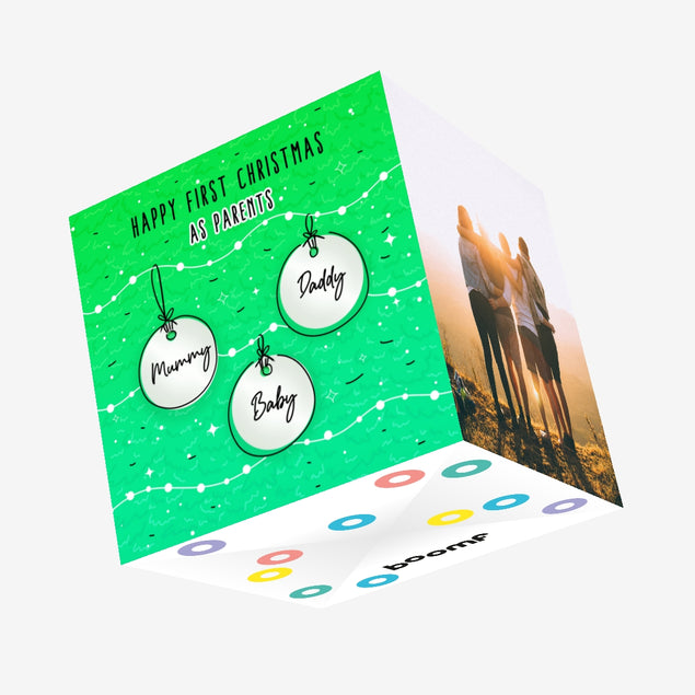 Green Themed Christmas Balls Merry 1st Christmas As Parents Confetti-exploding Greetings Card